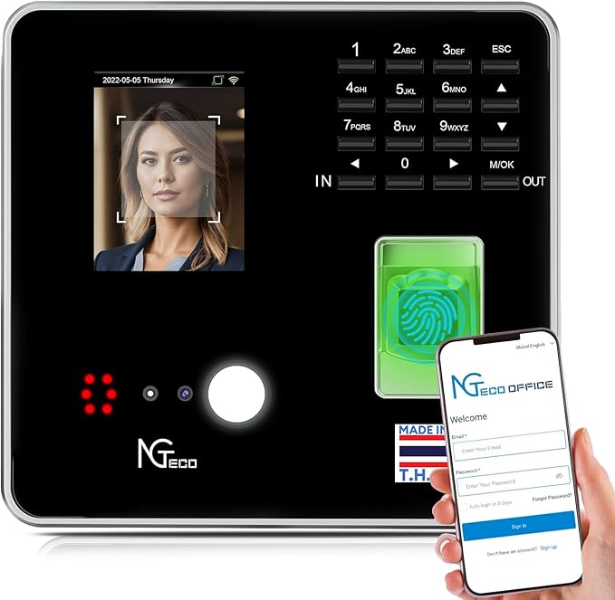 NGTeco Cloud Time Clock, Upgraded TC1 Remote Control 2.4GHz WiFi Time Card Machine for Small Business with Software & App for iOS/Android, Includes 5 RFID Cards No Monthly Fees