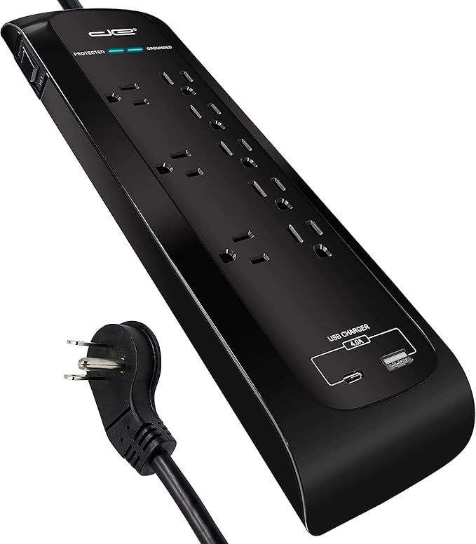 Digital Energy 25 FT USB-C and USB-A 8 Outlet 4200 Joules Surge Protector Power Strip, 3 Wide Spaced Outlets, Black