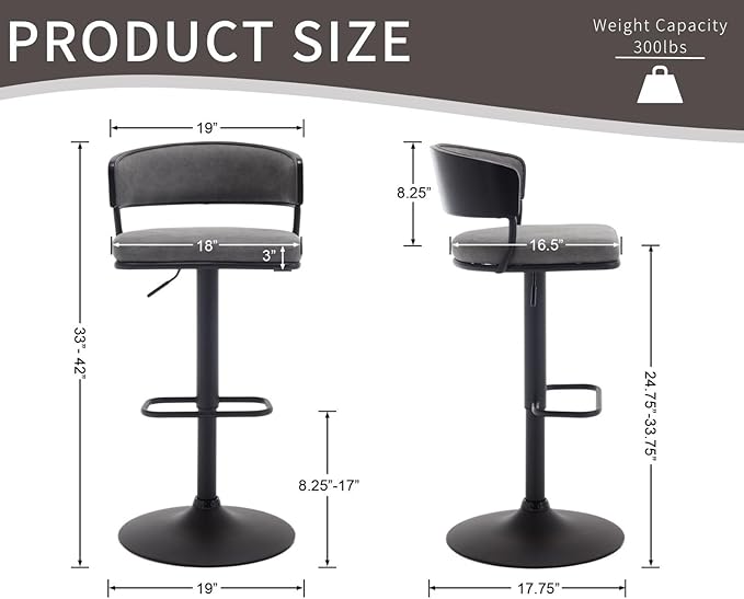 Adjustable Modern Bar Stools Set of 6 Faux Leather Barstools Swivel Counter Height Bar stools with Curved Back/Black Metal Base Comfy Upholstered Bar Chairs for Kitchen Island, Grey
