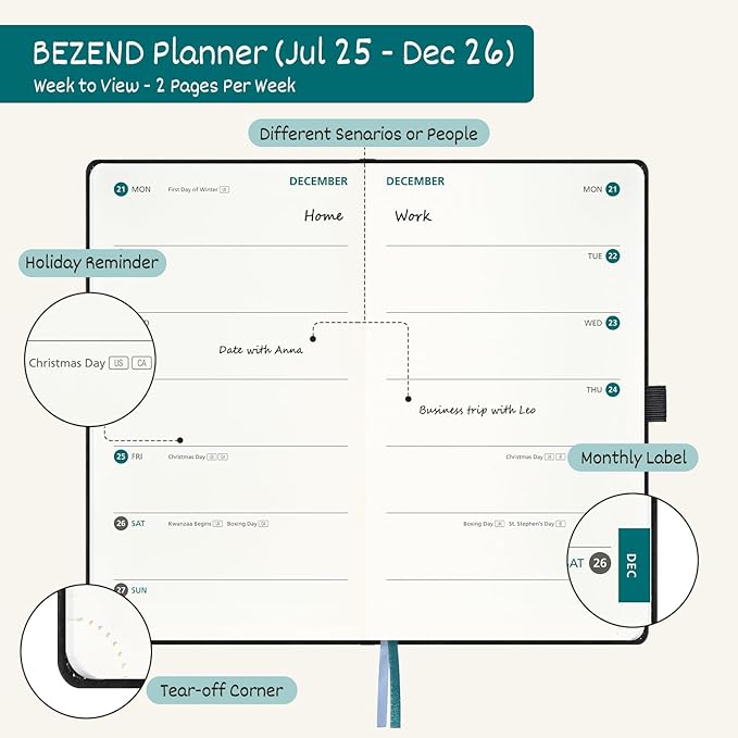BEZEND Pocket Planner 2025-2026 Weekly with 2 Columns, 18-Month Academic Calendar (Jul 25-Dec 26), Life Work Appointment, Storage Pocket, Pen Holder, PU Leather Hardcover 3.5" x 6" - Evergreen