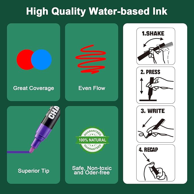 SILENART Chalk Markers for Blackboard, Window Marker for Car Erasable Liquid Chalk Pen for ChalkBoard Windows Glass Menu Board - Pack, Multicolor