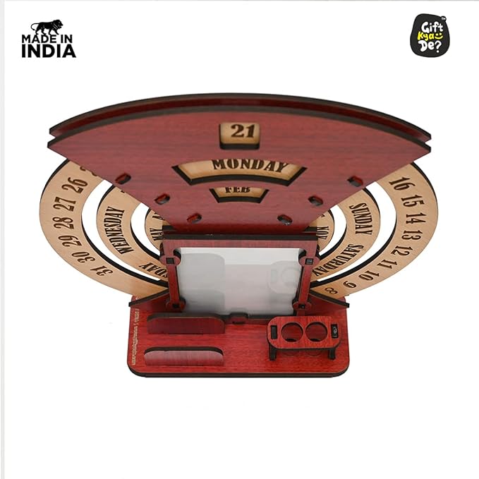 GKD Wooden Desk/Table Calendar to Lifetime Infinite Calendar 2025 with Desk Organizer and Photo Frame for Office/Home (‎Red)