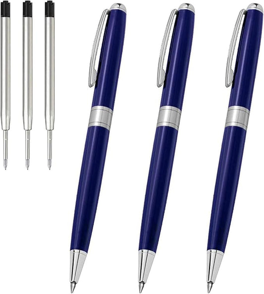 Cambond Ballpoint Pens Black Ink - Metal Pen Office Professional Pens for Gift Business Men Police Flight Attendants 1.0 mm Medium Point, 3 Pens with 3 Extra Refills (Blue)