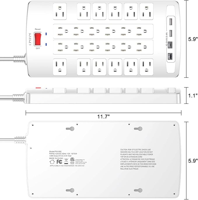 QINLIANF Surge Protector Power Strip - 20Ft Flat Plug Heavy Duty Extension Cord with 24 Outlets and 4 USB Ports(2 USB-C Ports), 1875W/15A, 4100J, for Home, Office, Dorm, ETL Listed, White