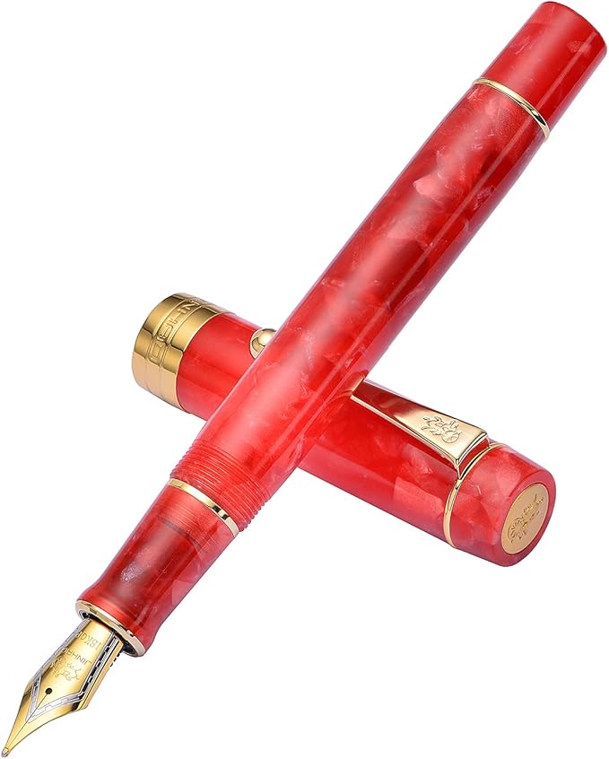 Jinhao 100 Fountain Pen Celluloid Classic Style, #6 Nib Smooth Writing Instrument with Refillable Converter and Pen Case Set