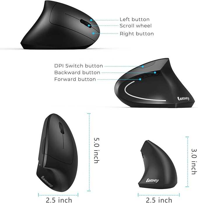 Lekvey Ergonomic Mouse, Vertical Wireless Mouse - Rechargeable 2.4GHz Optical Vertical Mice : 3 Adjustable DPI 800/1200/1600 Levels 6 Buttons, for Laptop, PC, Computer, Desktop, Notebook etc, Black