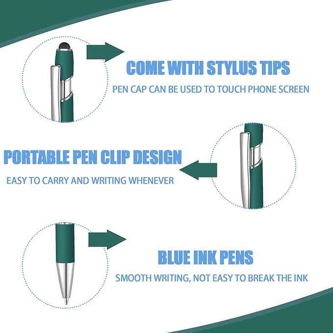 8 Pcs Blue Ink Ballpoint Pen with Stylus Tip 2 in 1 Stylus Ballpoint Pen Metal Pens Stylus Pen for Touch Screens School Office Coworkers (Dark Green)
