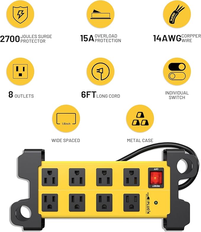 Plug'n 8 Outlet Heavy Duty Power Strip,Wide Spacing,Workshop Surge Protector 2700J with 6FT Extension Cord,Industrial Metal Power Strip 15Amp,Yellow Wall Mount Power for Garage,Office