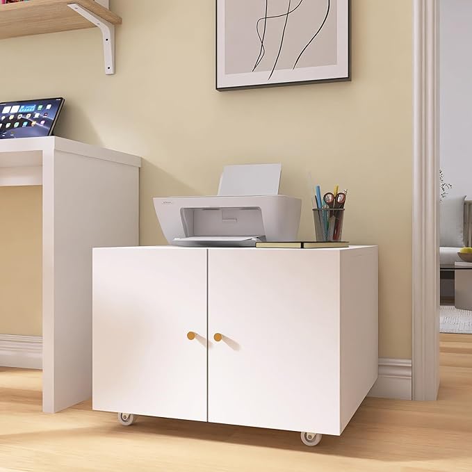 Under Desk Printer Stand with Wheels, Low Printer Stand Storage, Filing Cabinet with Paper Storage Shelf, File Carts with 2 Doors, Mobile Printer Holder for Home Office, School, White