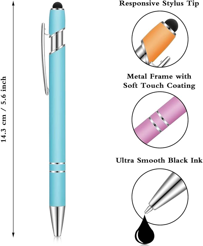 Tenare 12 Pieces 2 in 1 Stylus Metal Ballpoint Pen with Stylus Tip, 1.0 mm Black Ink Ballpoint Pen for Touch Screens(Mixed Color)