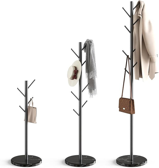 Coat Rack with Natural Marble Base, Metal Freestanding Coat Rack with 8 Hooks, 3 Adjustable Size Sturdy Coat Tree for Bags, Coats, and Hats for Entryway, Hallway, Bedroom, Office, Black
