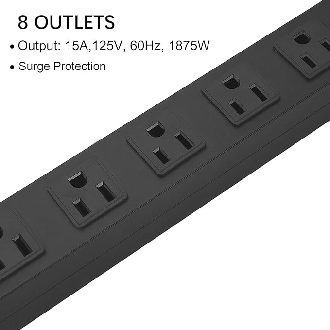 Metal 8 Outlet Mountable Power Strip, Wall Mount Outlet Heavy Duty, Wide Spaced Commercial Shop Power Strip with Switch, 15A 125V 1875W, 15 FT SJT 14AWG Power Cord (15FT)