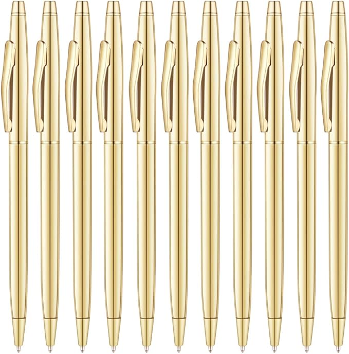 Unibene 12 Pack Slim Gold Ballpoint Pens Black Ink 1 mm - Black ink, Nice Gift for Business Office Students Teachers Wedding Guest