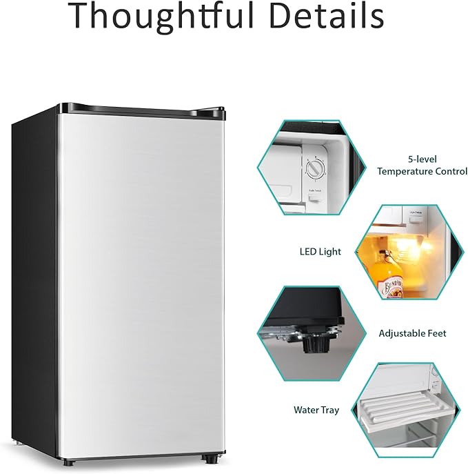 Seaoola Mini Fridge with Freezer, Single Door 3.1 Cu.Ft, Compact Mini Refrigerator, LED Light, Adjustable Thermostat, Removable Glass Shelves, Small Refrigerator for Dorm/Office/Bedroom(Sliver)