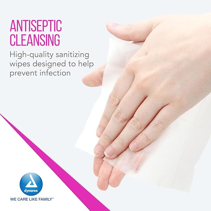 Dynarex BZK Antiseptic Towelettes, 5" x 7", Disposable and Premoistened, Individually Wrapped, 1 Case | 10 Boxes of 100 Dynarex BZK Antiseptic Towelettes (Packaging May Vary)