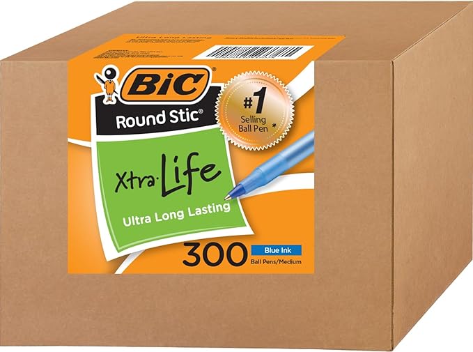 BIC Round Stic Xtra Life Ballpoint Pens Bulk - Pack of 300 Blue Ink Pens - Medium point 1.0 mm (Blue)