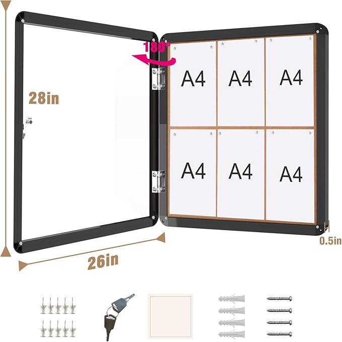 28"x26" Enclosed Bulletin Board, Lockable Weather-Resistant Aluminum Cork Noticeboard for School & Office, Black Frame w/Cork