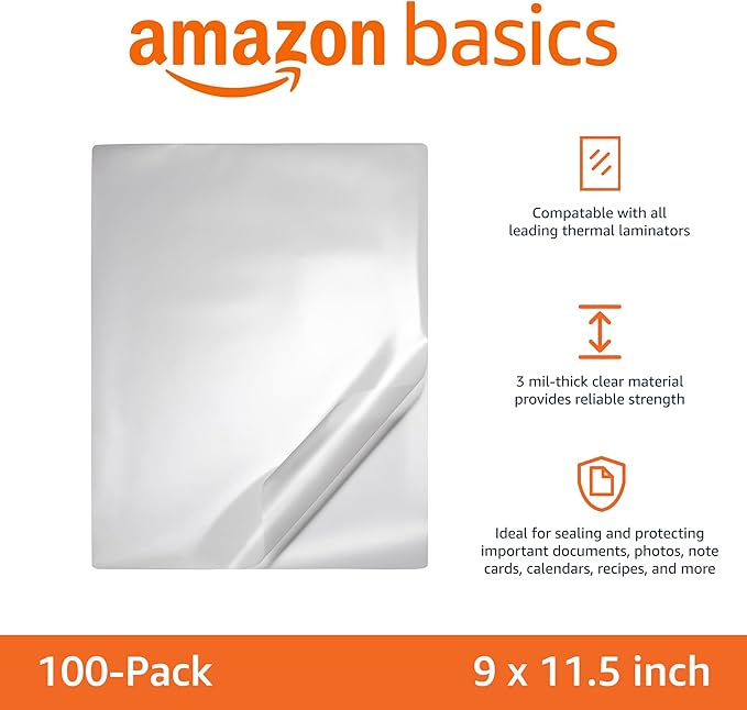 Amazon Basics Clear Thermal Laminating Plastic Paper Laminator Sheets, 3 mil, 11.5 x 9.0-Inch, 100-Pack