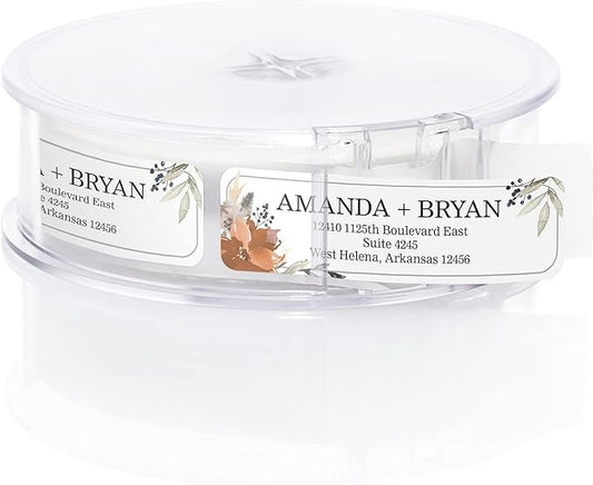 Indie Floral Rolled Address Labels/Roll of 250 Personalized Return Address Labels/Designer Return Address Stickers in Elegant Plastic Dispenser