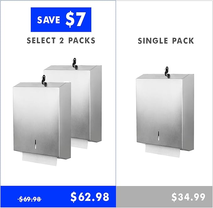 2 Packs Paper Towel Dispenser Wall Mount Commercial, Touchless Hand Towel Dispenser with Lock (Stainless Steel)