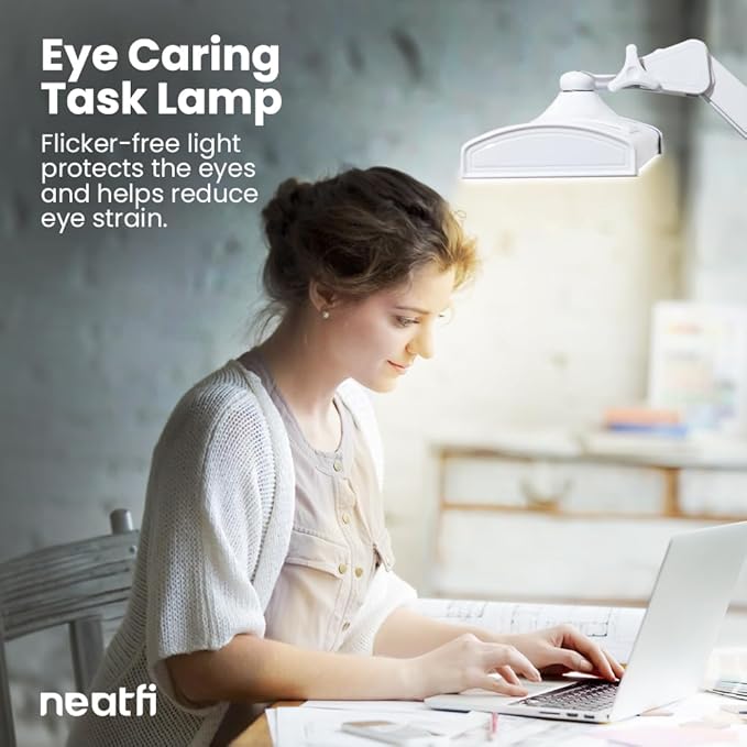 Neatfi Ultra 3,500 Lumen LED Desk Lamp, Color Correlated Temperature, 3 Light Modes, Dimmable, 45W, 26 Inch Wide Metal Shade, 540 SMD LEDs (CCT with Clamp, White)