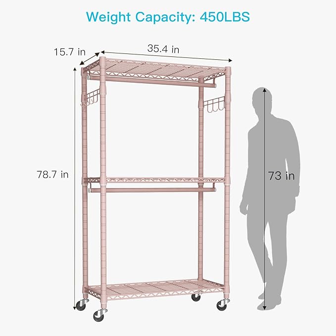 P1 Heavy Duty Garment Rack, 3 Tiers Adjustable Rolling Metal Closet Organizer with Lockable Wheels, FreeStanding Wardrobe with Double Hanger Rods & 1 Pair Hooks, Max Load 450 LBS, Pink
