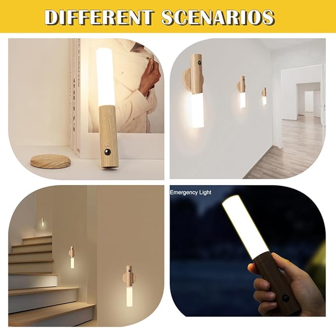 LANDGOO Wooden Motion Sensor Night Lights Magnet Body Sensor Hallway Night Lights Rechargeable Led Light Portable Stairway,Wall Sconce Battery Powered Cabinet Lights