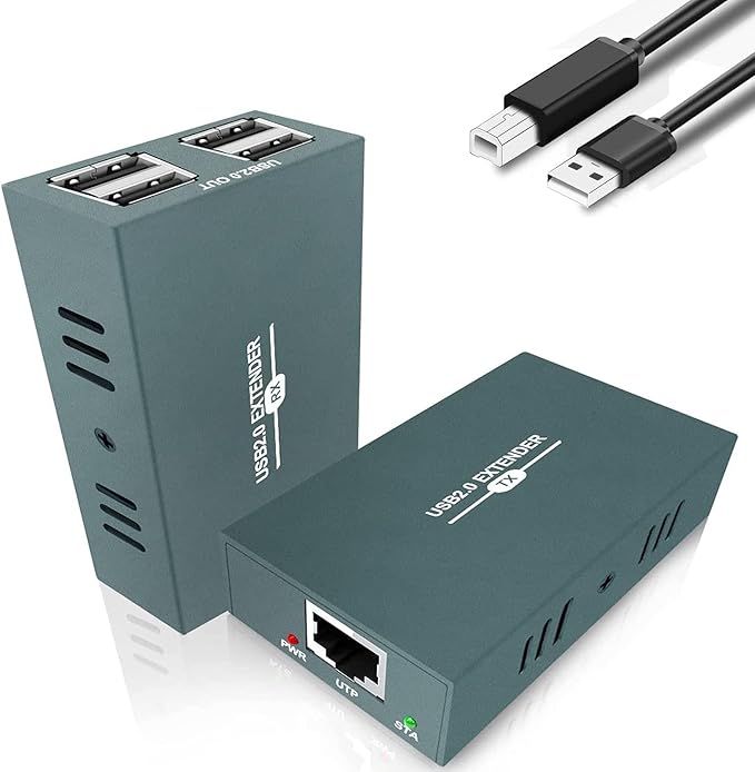 USB Extender Over Ethernet RJ45 LAN Extension, with 4 USB 2.0 Ports, Transmit 50m/165ft Over Ethernet Cat5/5e/6/7, Support Power Over Cable, Play and Plug, No Driver Required
