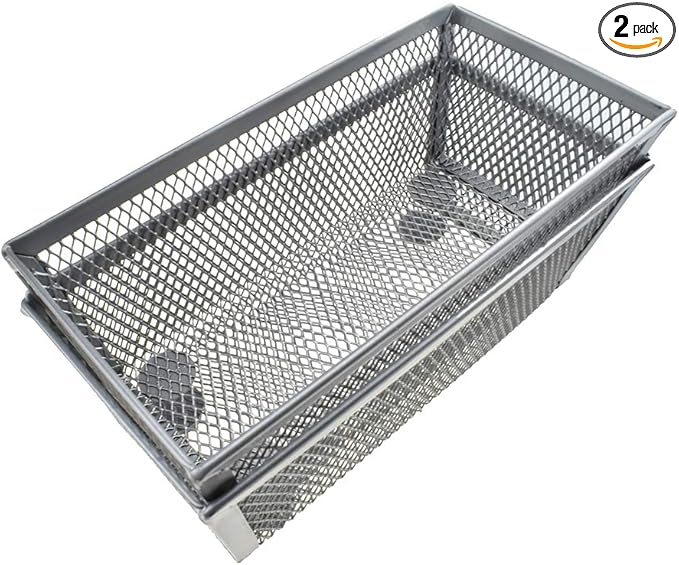 HAHIYO Stackable Mesh Tray Cup 6 x 3 x 2 inches Sturdy Container for Desk Drawer Organizer Collection for Home Office School kitchen Soft Foam Feet No Sharp Edges 2 Pack Silver