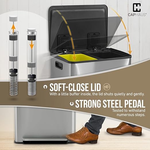 CAPHAUS Dual Trash Can with Lid, Trash and Recycling Bins Combo for Kitchen, Hands-Free Stainless-Steel Garbage Can with 2 Compartment, Hinged Lid, Odor Filter, Handles, 30L+30L, 2 x 8 Gallon