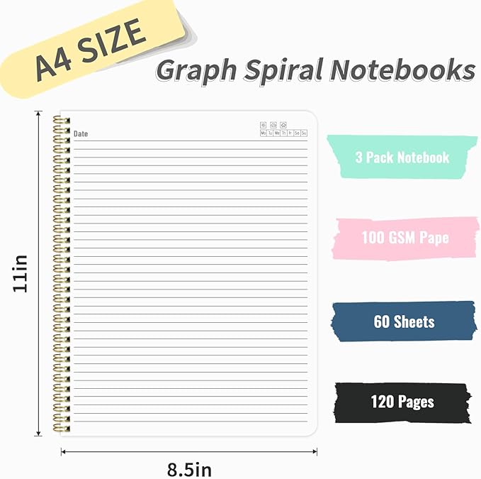 Lined Spiral Notebook A4 Hard Cover Notebook 8.5" x 11", Black College Ruled Notebook for Work, 120 Pages 100GSM Large Thick Paper Writing Journal for Women & Men