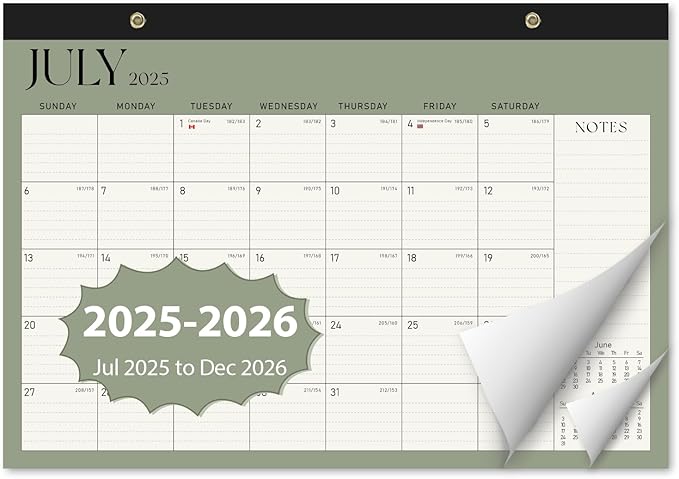 Calendar 2025-2026, Monthly Desktop Large Calendar (July 2025 - December 2026) Desk Wall Planner for Family Office Teacher School, 17" x 12" Green
