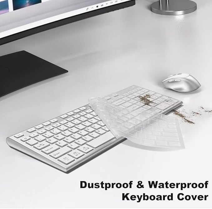 FENIFOX Wireless Keyboard and Mouse, Ergonomic Rechargeable Silent Quiet Slim Compact Full-Size USB C with Number Pad Flat Soft Cover for PC Computer Laptop Mac MacBook iMac TV Windows - Silver White