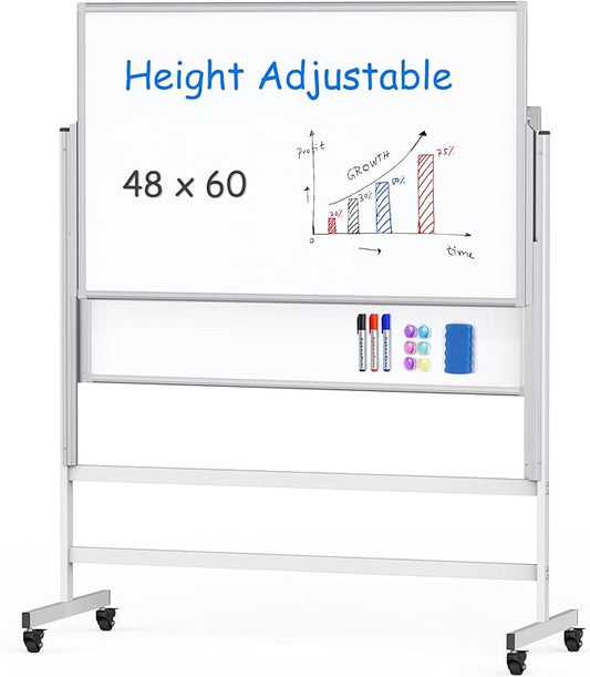 maxtek Dry Erase Whiteboard Height Adjustable, Easel Stand Rolling White Board on Wheels - 48 x 60 Large Mobile Dry Erase Board, 4' x 5' Double Sided Magnetic Whiteboard for School Office Home