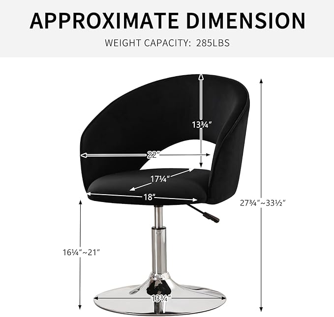 Furnimart Adjustable Black Vanity Chair with Back, Velvet Makeup Chair Swivel Accent Chair with Chrome Frame Hollow Backrest, Side Chair for Living Room, Makeup Room, Bedroom (Black)