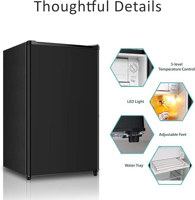 Seaoola Mini Fridge with Freezer, Single Door 4.4 Cu.Ft, Compact Mini Refrigerator, LED Light, Adjustable Thermostat, Removable Glass Shelves, Small Refrigerator for Dorm/Office/Bedroom(Black)