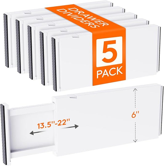 Lifewit 5 Pack Drawer Dividers Plastic 6" High, 13.5-22" Adjustable Drawer Organizers for Clothes, Expandable Dresser Separators in Bedroom/Bathroom/Kitchen/Fridge/Office Organization and Storage