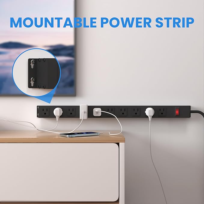 10 Outlet Metal Power Strip,8FT Long Extension Cord Heavy Duty for Kitchen,Office,School,Commercial,Workshop,Industrial,ETL Certified and Listed Socket,1825W/125V/15A,Black(8FT)