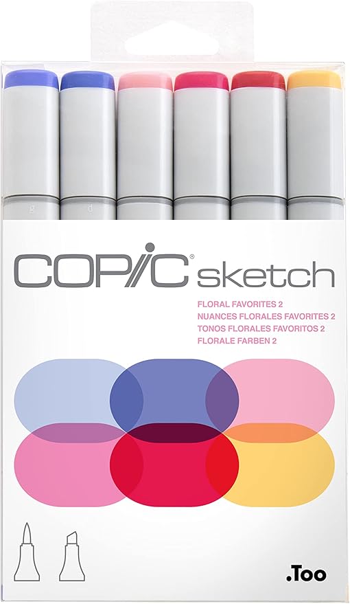 Copic Sketch Alcohol Markers, 6 Color Dual Tip Art Marker Set – Blendable Brush Tips for Drawing, Sketching, and Illustration – Professional Set for Adults/Teen Artists & Creators - Floral Favorites 2