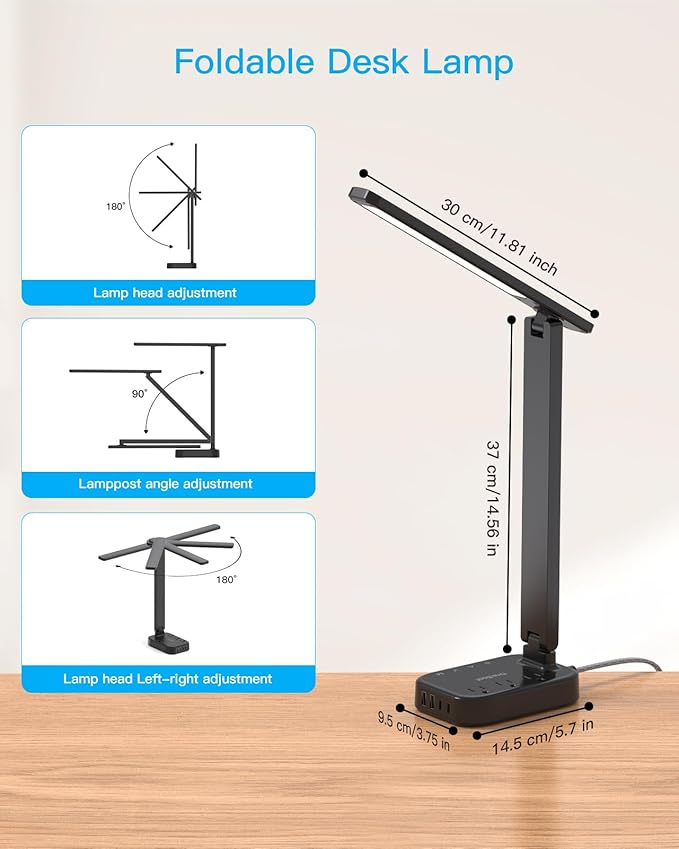 Power Strip with LED Desk Lamp, 10 Ft Extension Cord with 3 Outlets 4 USB Ports(2 USBC), 4 Modes 5 Level Touch Lamp Small Desk Lamps for Home Office College Dorm Room, Study Reading Light - BK