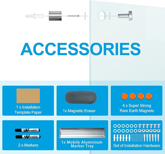 KIZZBY Glass Dry Erase Board - Magnetic Whiteboard, 60"X36" Frameless White Board Clear Glass Boards with Super Strong Magnets, Wall Mounted for Office, Classroom and Home