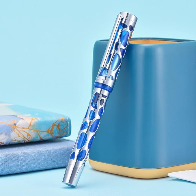 Asvine V169 Vacuum Filling Fountain Pen Extra Fine Nib, Water Drop Skeleton Transparent Blue Acrylic Pen Case Set
