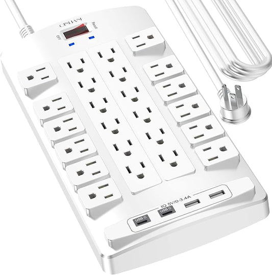 QINLIANF Surge Protector Power Strip - 20Ft Flat Plug Heavy Duty Extension Cord with 24 Outlets and 4 USB Ports(2 USB-C Ports), 1875W/15A, 4100J, for Home, Office, Dorm, ETL Listed, White
