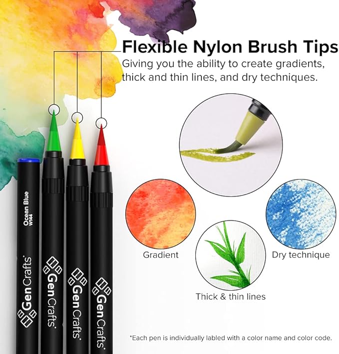 GenCrafts Watercolor Brush Pens Set of 50 Premium Colors - Real Brush Tips - No Mess Storage Case - Washable Nontoxic Markers - Portable Painting