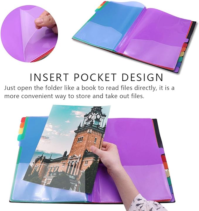 Rainbow Tab Expanding File Folder - 24 Pockets, Durable A4 Letter Size Organizer, Water-Resistant Plastic Dividers, Home/Office/School Document Holder (Black)