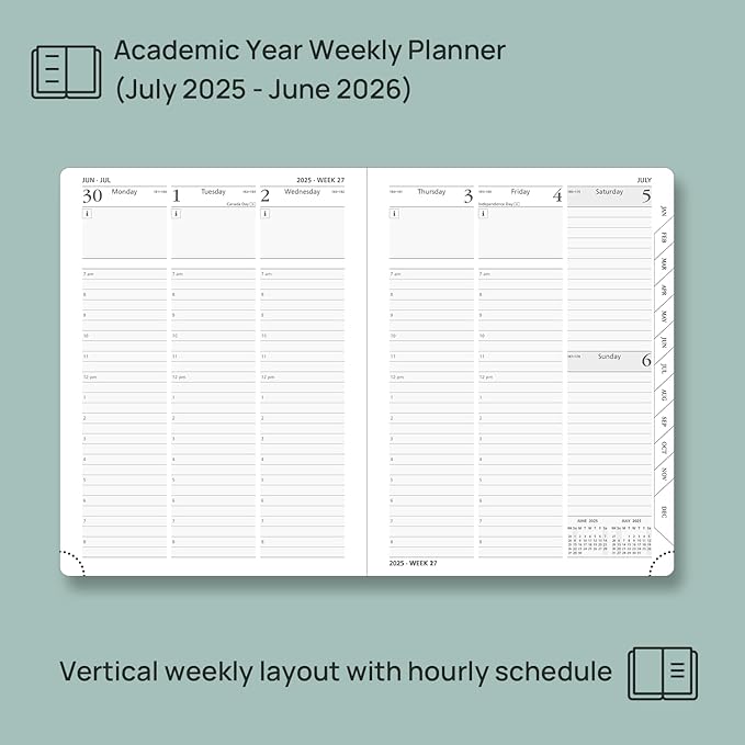 POPRUN Planner 2025-2026, (Medium 6.5'' x 8.5'' Hard Cover) Academic Calendar (July 25-June 26) Daily Weekly and Monthly Appointment Book with Hourly Time Slots, Monthly Tabs, 100 GSM - Orange