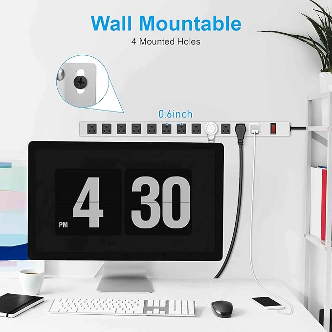 JUNNUJ Metal 12 Outlet Power Strip, Mountable Heavy Duty Power Strip, 1200J Surge Protector Wall Mount Screws Outlet with Switch, Gaming Desk Strips Wide Spaced 15A 125V 1875W, 6 FT 14AWG Power Cord
