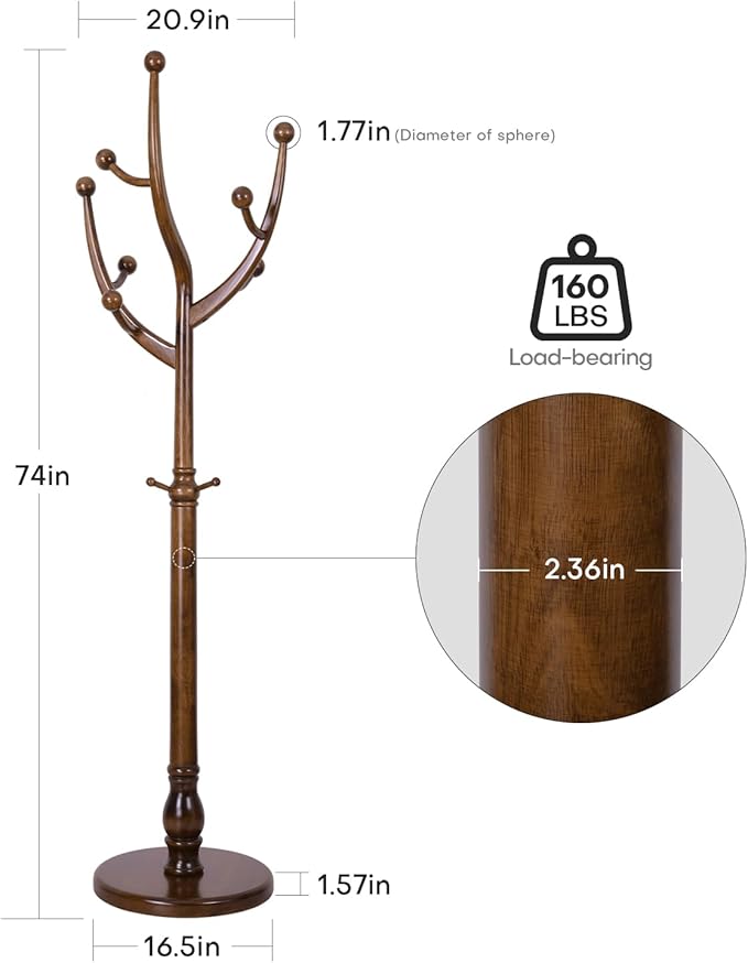 Coat Rack Freestanding Coat Tree with Sturdy Round Base, Unique Coat Hanger Stand, Heavy Duty Standing Coat Rack Clothes Stand for Winter Jacket, Hat, Entryway/Hallway/Bedroom, Walnut