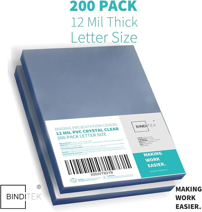 Binditek 200 Pack 12 Mil PVC Binding Report Covers, 8.5 x 11 Inches, Letter Size, Square Corners, Un-Punched, Office Supplies