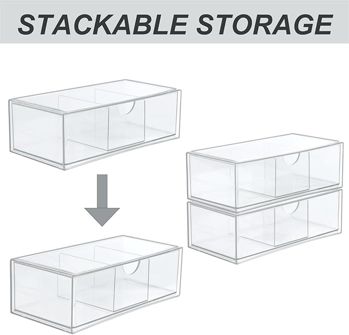 Set of 2 Stackable Storage Drawers - 7.8" Clear Plastic Drawer Storage, Acrylic Makeup Organizer, Desk Counter Cabinet Office Organizer, Bathroom Organizers and Storage (3 Grid/Set of 2)